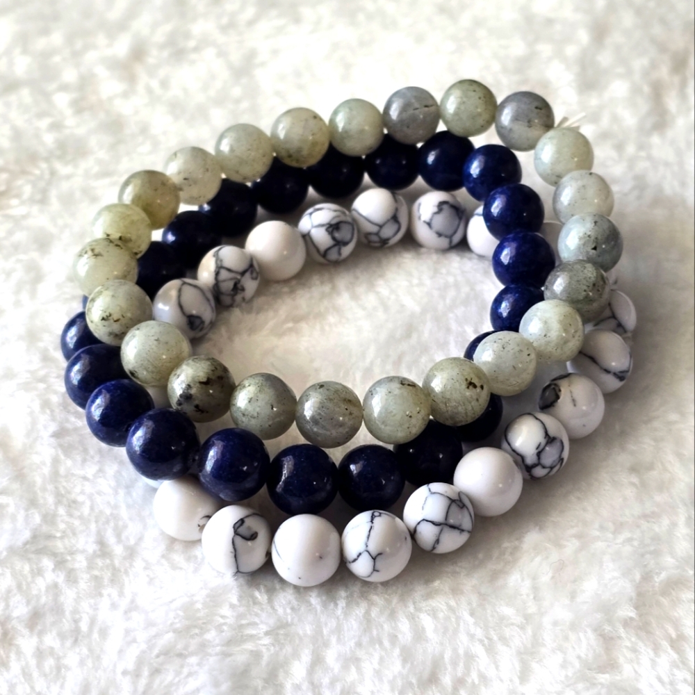 Bracelet stack. Labradorite, sodalite, white howlet